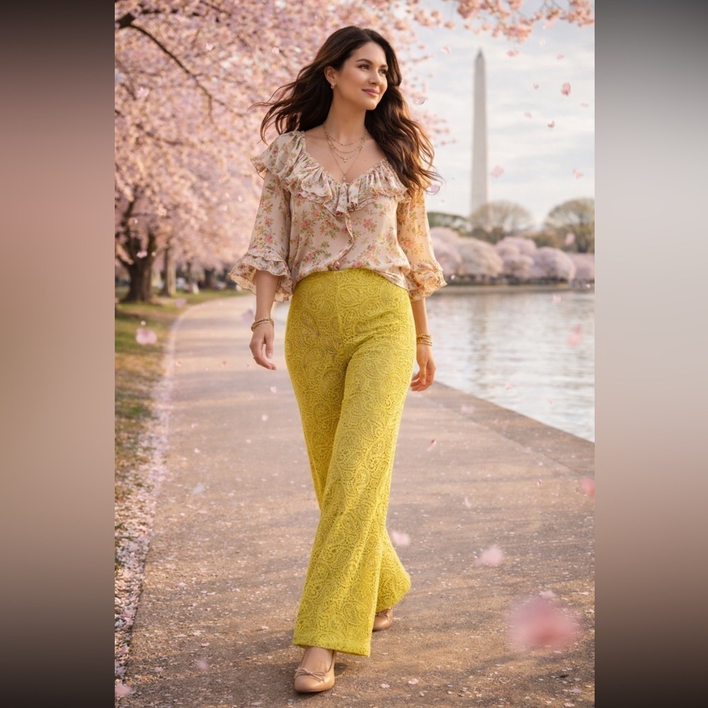Anthropologie Lime Green Flared Lace Pants size 16 TALL.